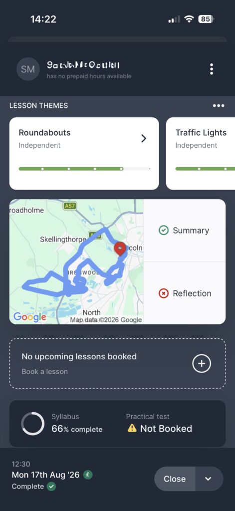 Driving lesson app to track progress.